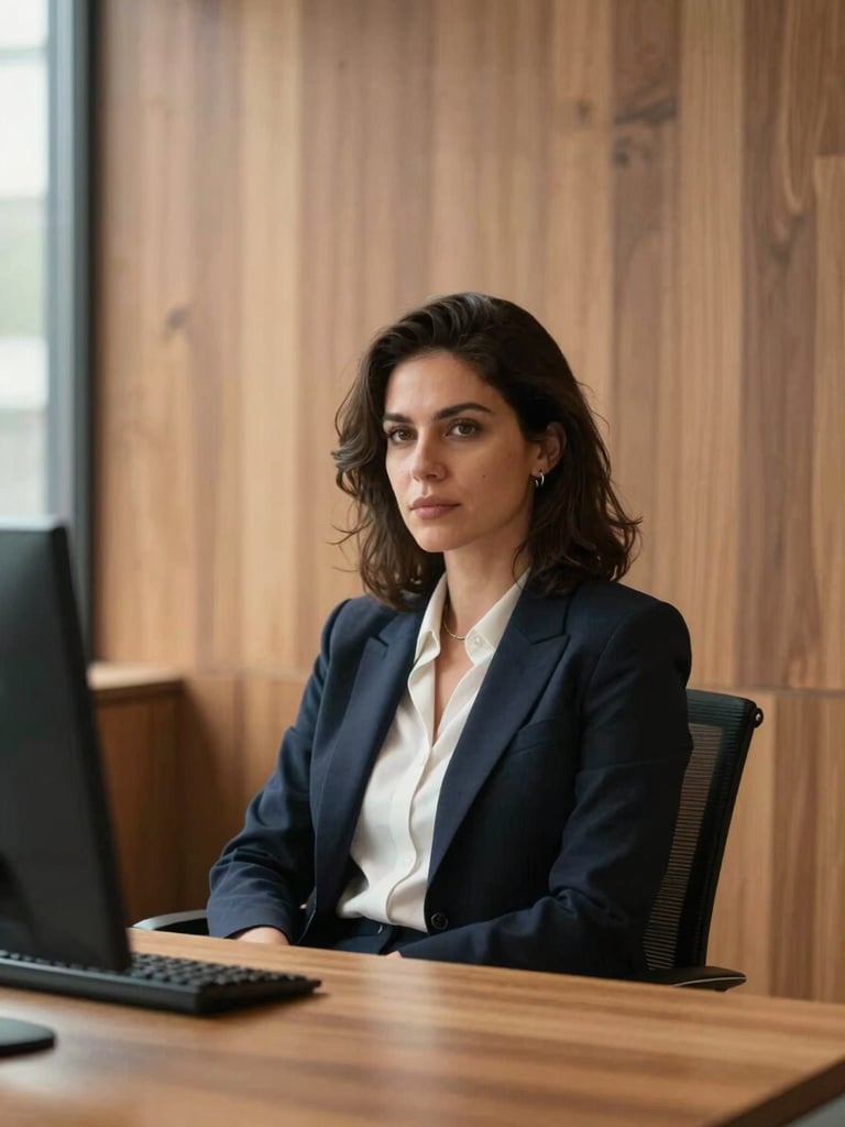 A warm, natural light portrait of a female foundation executive sitting in a modern, wood-paneled office, looking thoughtfully off-camera, 35mm lens, shallow depth of field