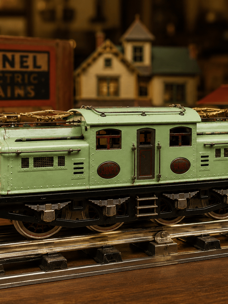 Vintage Lionel electric locomotive displayed on track with model railroad buildings behind it.