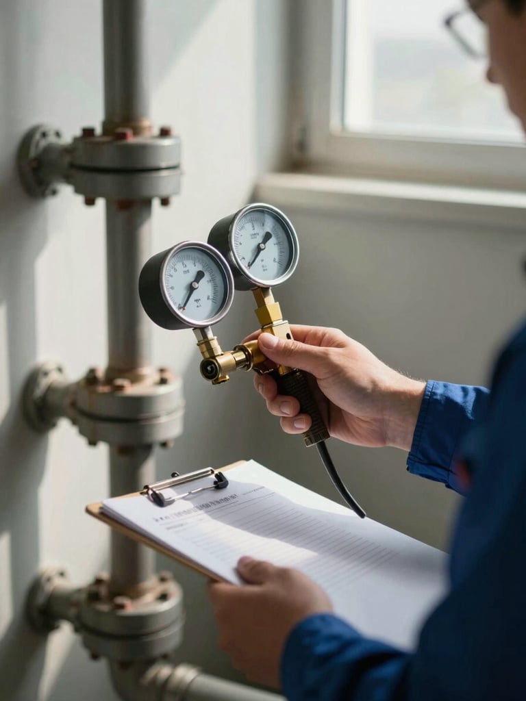 Close-up medium shot of a technician's hands holding a pressure gauge and clipboard, inspecting a fire sprinkler riser in a utility room, natural light from a high window casting sharp shadows on industrial pipe fittings