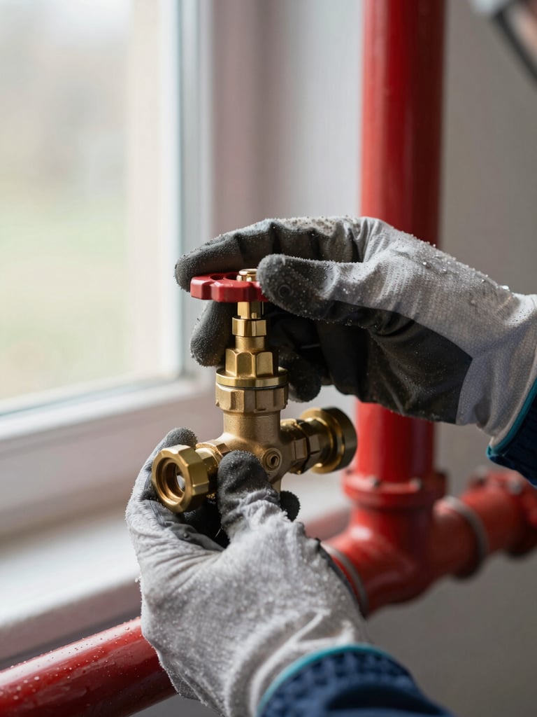 Close-up of a technician's gloved hands adjusting a brass sprinkler valve on a red pipe, natural light from a nearby window, shallow depth of field, industrial documentary style