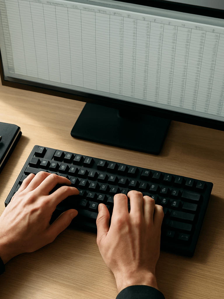 Close overhead view of a workstation, hands on a mechanical keyboard with a spreadsheet open on a wide monitor, bright side-window light illuminating the desk surface, sharp focus on the work in progress, no person visible above the wrists