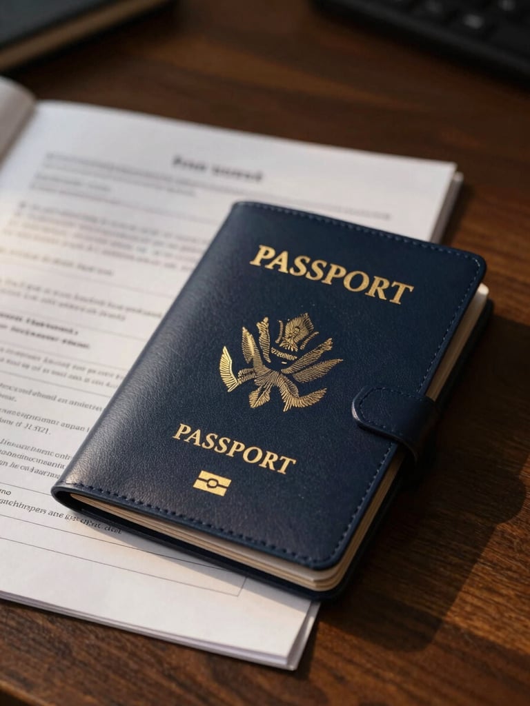 Close-up of a premium leather passport holder next to clean financial documents on a dark wood desk, warm golden hour light, high-end editorial feel
