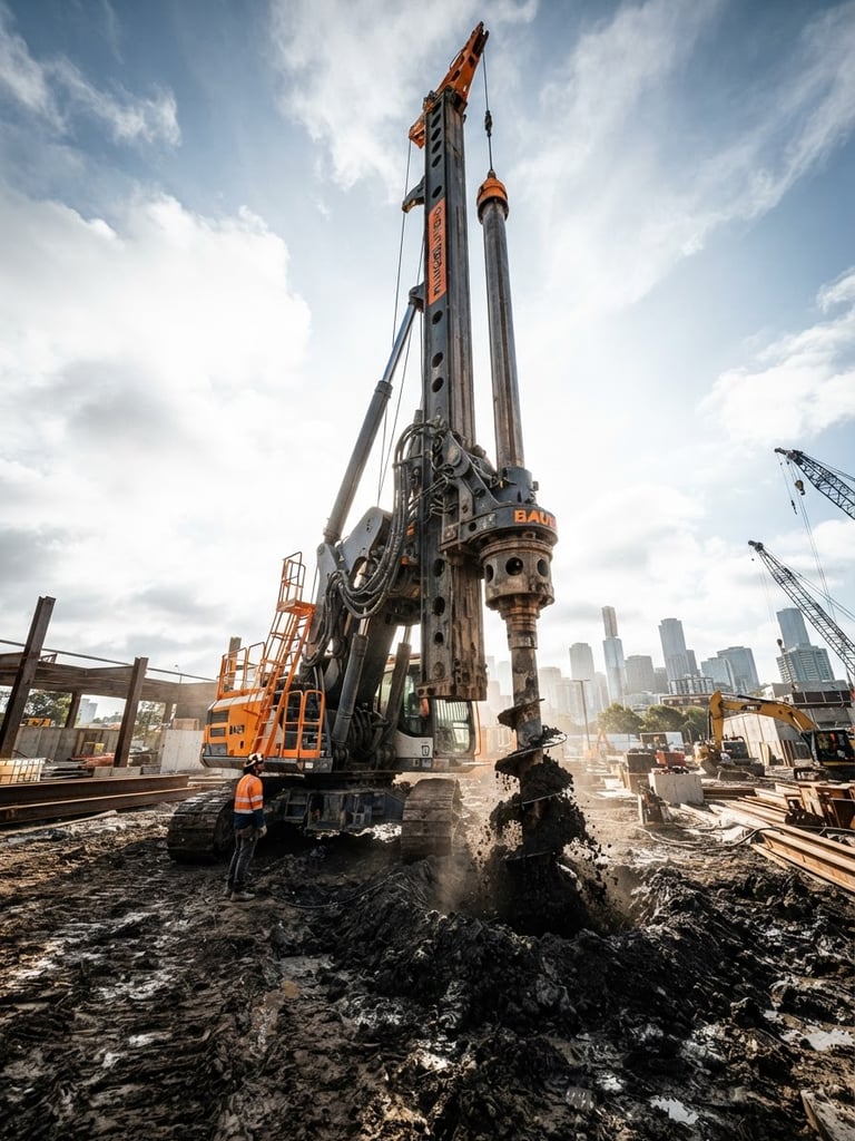 Low-angle heroic shot of a massive hydraulic piling rig drilling into dark soil, high-contrast morning sunlight, safety orange accents on steel frame.