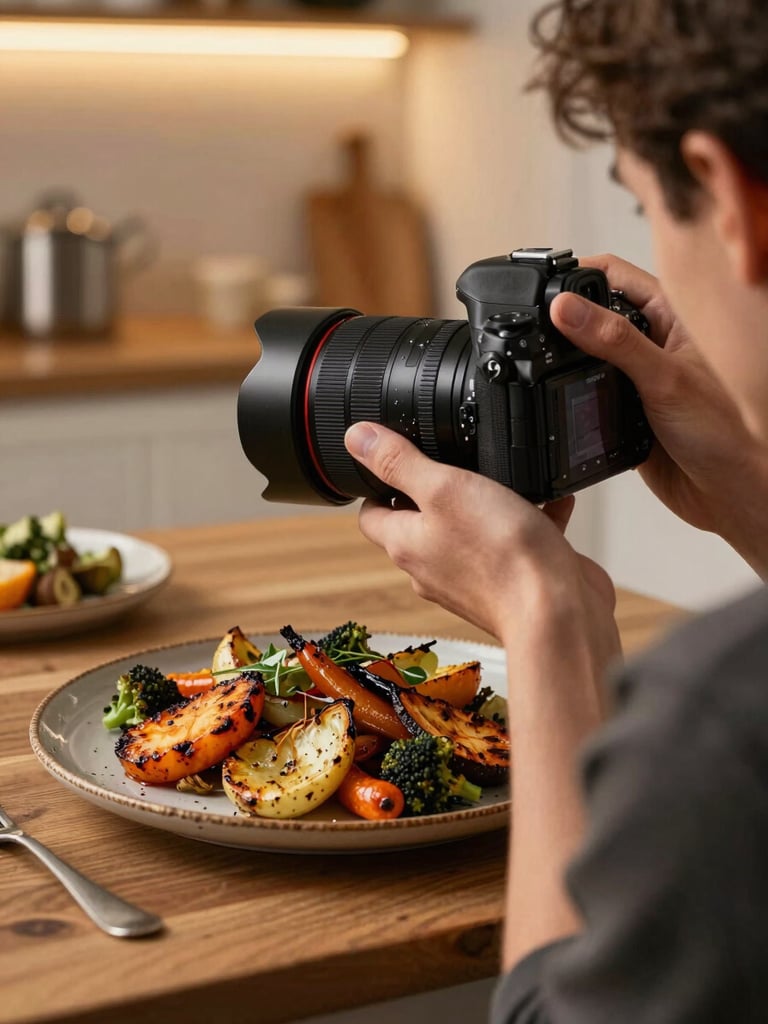 Over-the-shoulder view of a photographer adjusting a camera lens over a rustic plate of roasted vegetables, warm kitchen glow in the background.