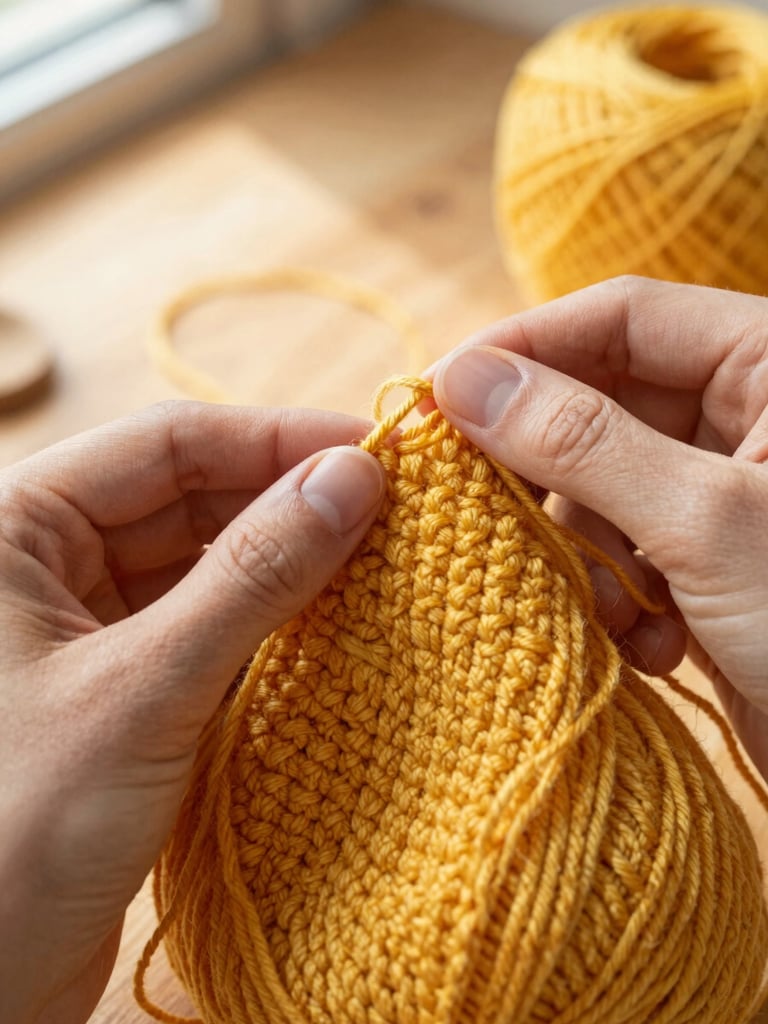 Macro shot of hands crocheting with thick mustard-yellow yarn under soft afternoon window light, wooden table background