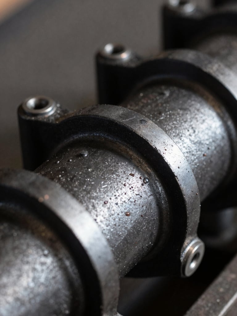 Macro close-up of a physical prototype manifold, gritty industrial photography, dramatic high-contrast natural light, deep slate and metallic tones, sharp 35mm lens.