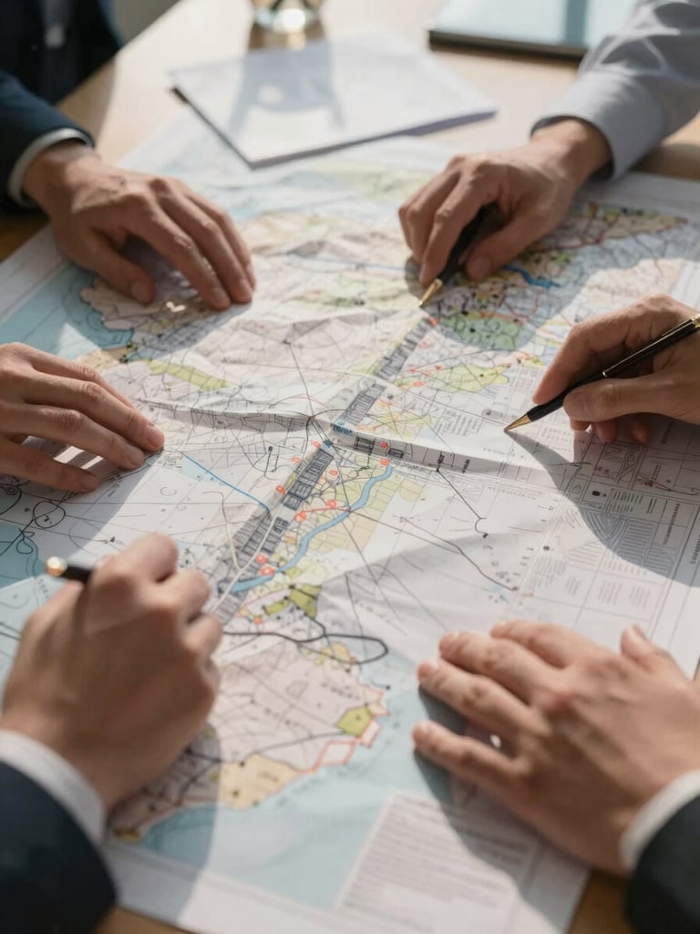 Detailed close-up of hands of policy planners over a large regional infrastructural map, warm natural light, sharp shadows, focusing on interconnected grid lines, professional editorial style.