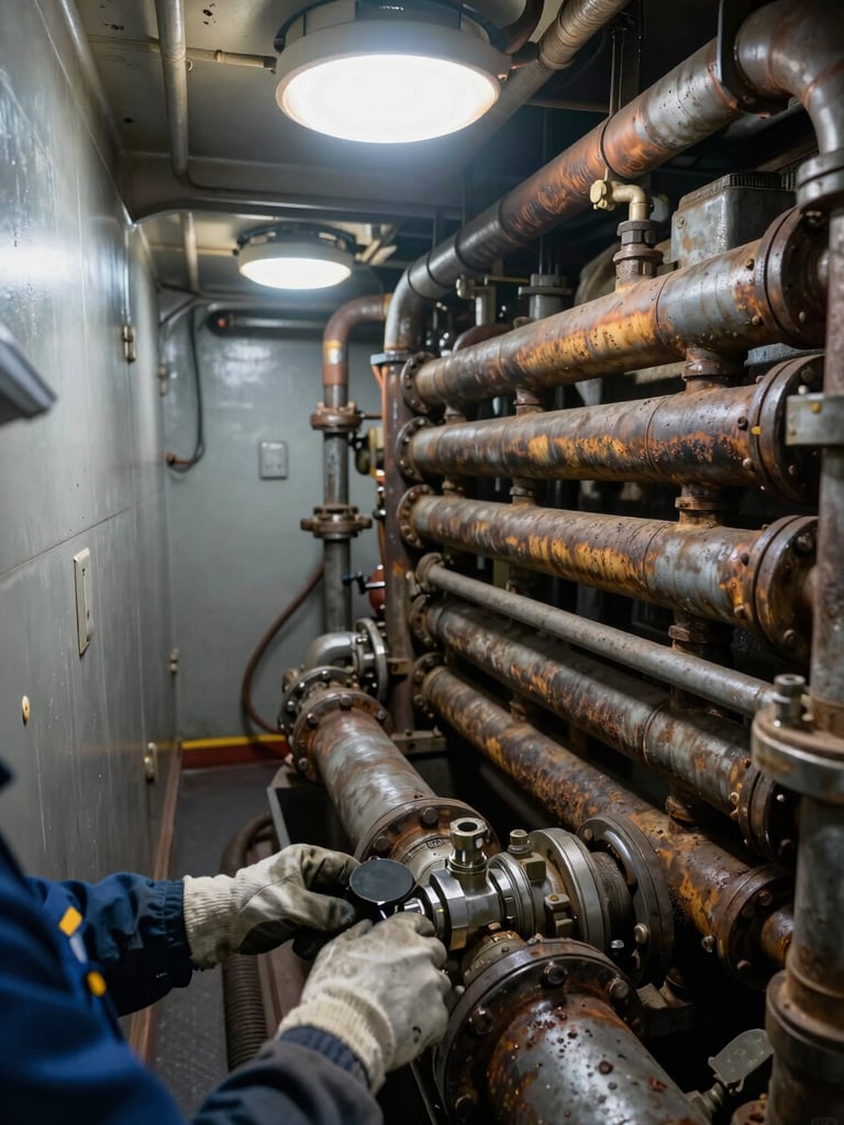 Wide environmental shot inside a ship engine room, cramped steel walls, overhead tungsten light casting hard shadows, corroded heat exchanger pipes filling the right frame, a technician's gloved hands adjusting a fitting in the foreground, no faces visible, industrial grime and oxidized metal surfaces