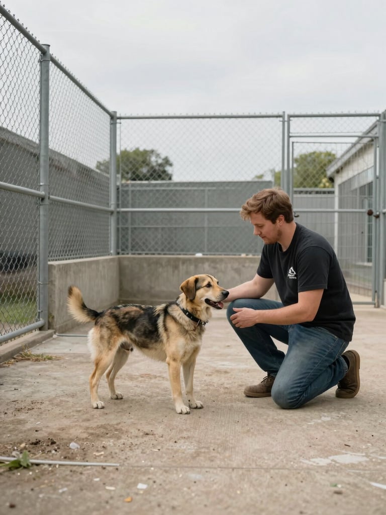 Wide environmental shot of a shelter staff member kneeling beside a medium-sized dog in a play yard, overcast natural daylight, the dog's body language relaxed and attentive, concrete and chain-link fence visible — candid documentary tone, no posed smiling
