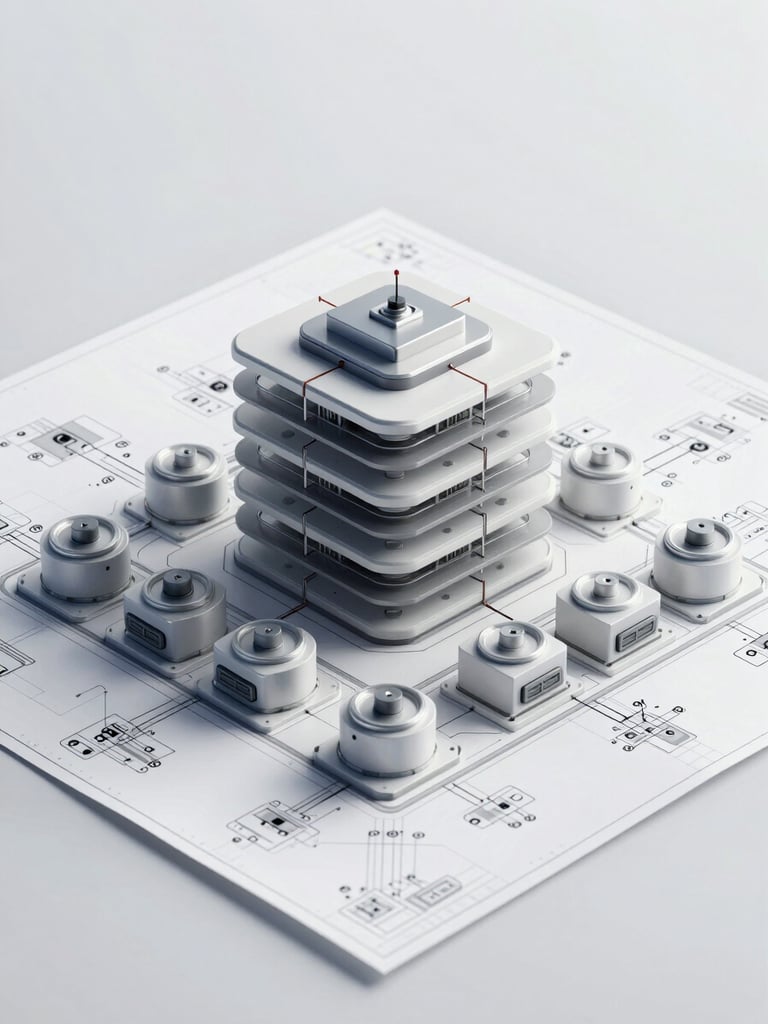 Orthogonal system architecture blueprint of an enterprise cloud infrastructure. Clean technical lines, gray and white schematic diagram, precise engineering aesthetic, bright studio lighting.