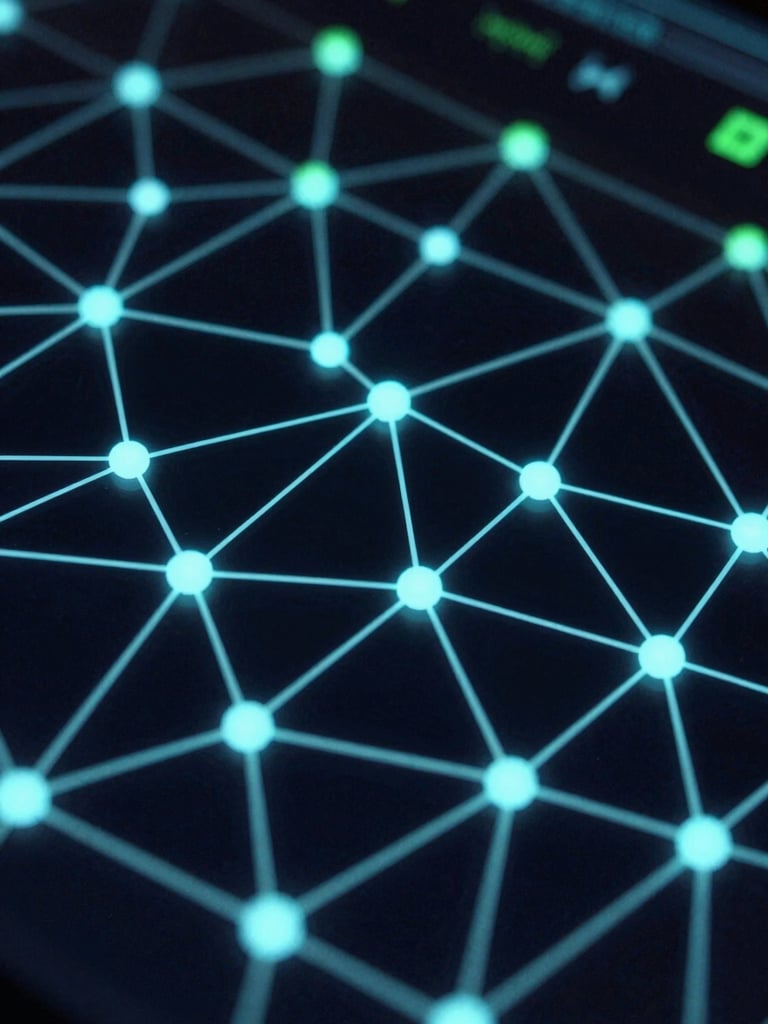 Abstract network nodes and glowing connections on a dark background, cyber security data visualization, neon cyan and green lighting, high contrast, sharp focus, 35mm
