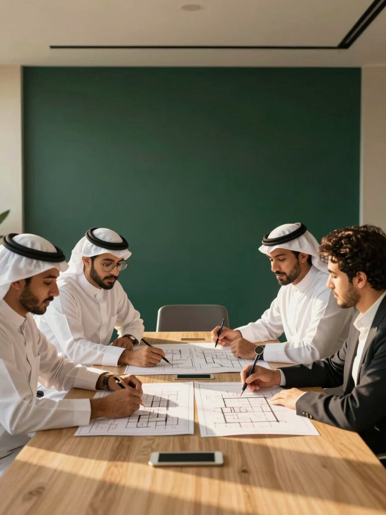 Symmetrical view of a modern collaborative meeting room, young Saudi professionals analyzing architectural blueprints, warm golden-hour light, professional editorial