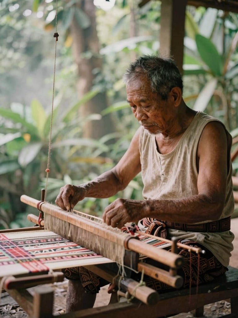 A local Toraja elder weaving a traditional textile on a wooden loom under soft, filtered jungle light, warm editorial travel photography, 35mm lens.