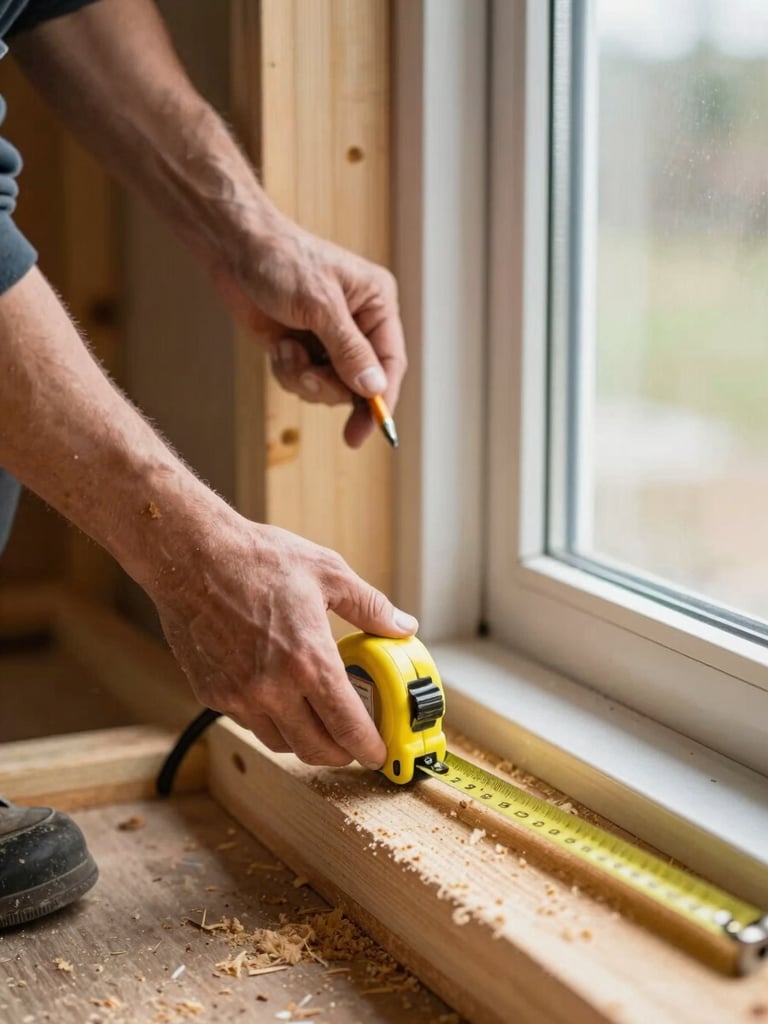 Close-up of a contractor's hands measuring and marking a door rough opening on fresh framing lumber — tape measure extended, pencil mark visible, natural daylight from an adjacent window, sawdust on the sill