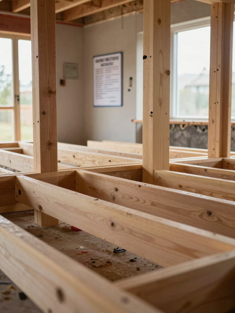 Wide-angle view of a renovation site interior, framing lumber visible mid-installation, permit board mounted on wall in background, natural daylight from an unfinished window opening, no people, tight focus on structural framing detail