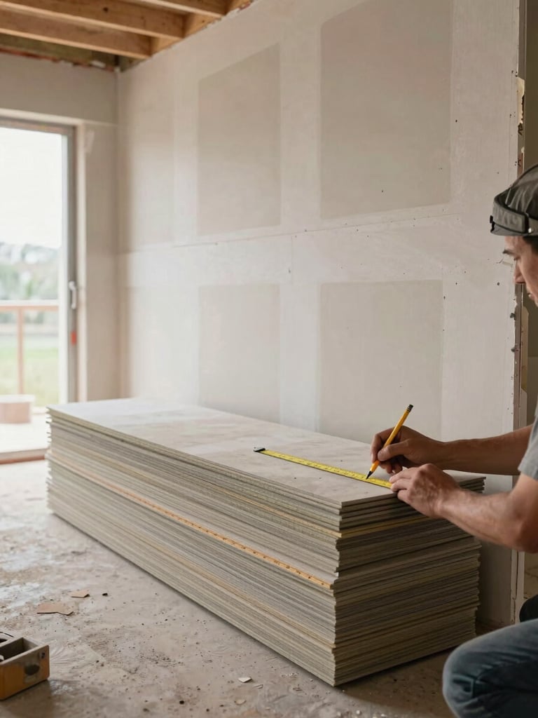 Wide environmental shot of a renovation in progress — drywall sheets stacked against a framed wall, a worker's hands marking measurements with a pencil, natural daylight from an open doorway behind