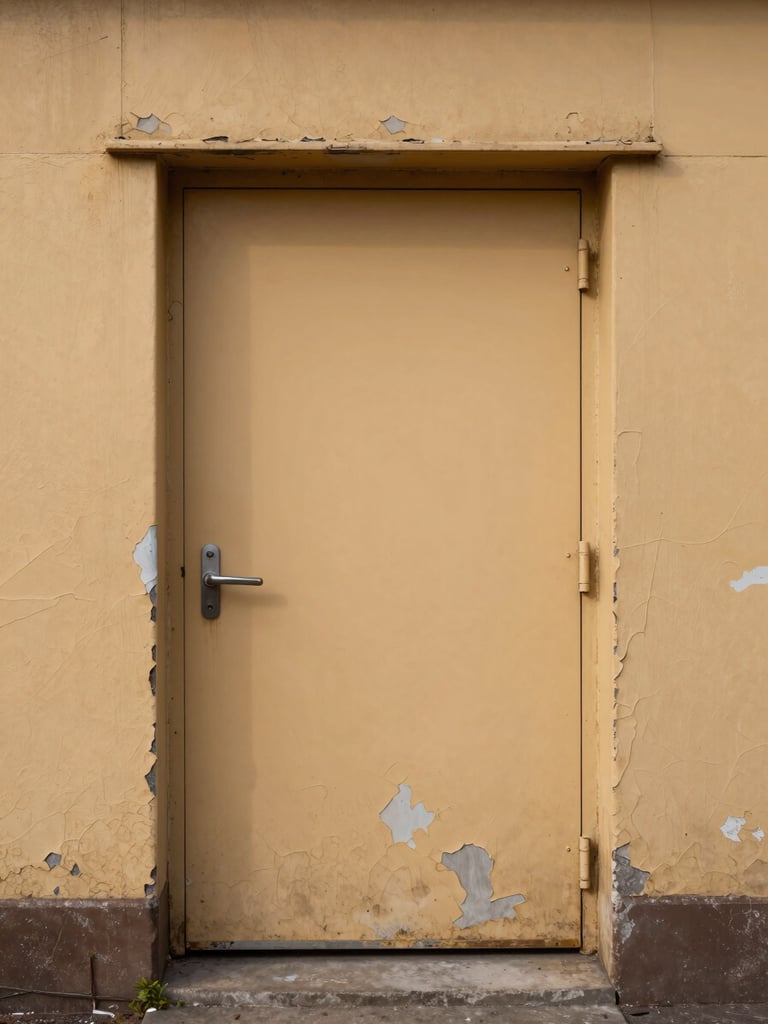 Wide environmental shot of a weathered industrial doorway, peeling ochre paint layers, diffused overcast daylight casting soft even shadows, architectural texture dominant, no human subjects, close compositional detail showing surface decay and geometry