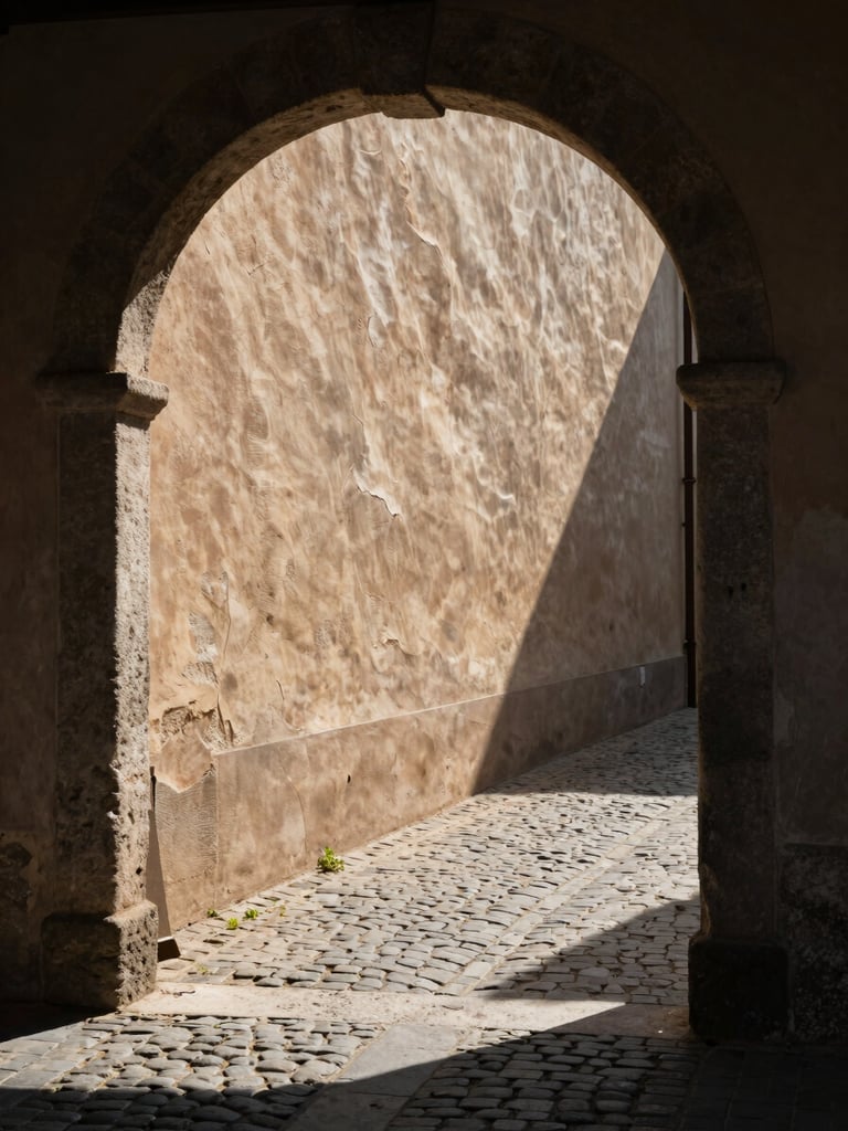 Portrait-format frame looking through a narrow stone archway into a sun-drenched cobblestone lane, deep shadow on the near wall, warm raking light catching the far wall's plaster texture, no people, strong geometric framing, natural morning light