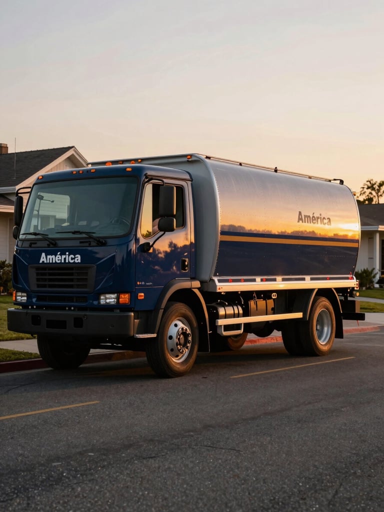 Wide shot from the passenger side, a navy América Gas delivery truck parked on a quiet residential street at golden hour, warm amber light raking across the vehicle's flank, low-rise houses visible in the soft background, driver's hand on the door handle mid-step