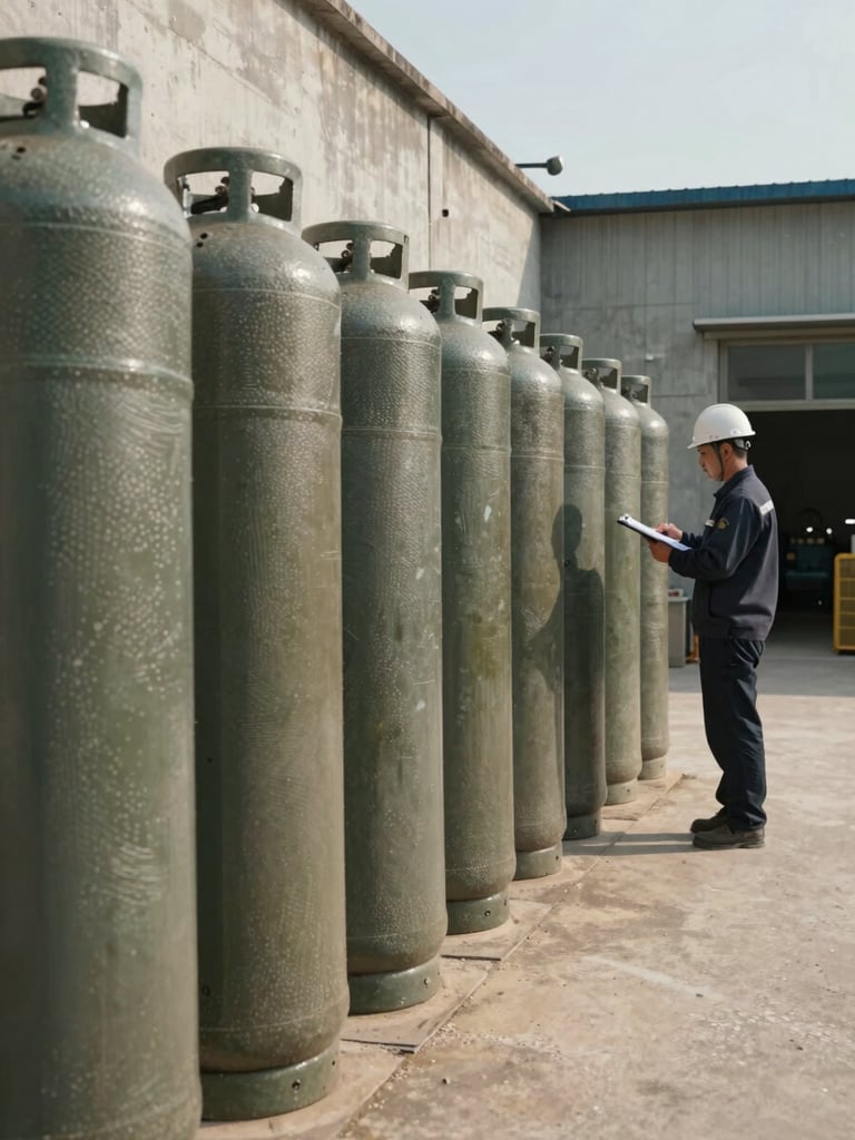 Environmental shot of a small industrial facility yard in daylight, rows of large gas cylinders stacked against a concrete wall, a worker in a hard hat checking inventory on a clipboard