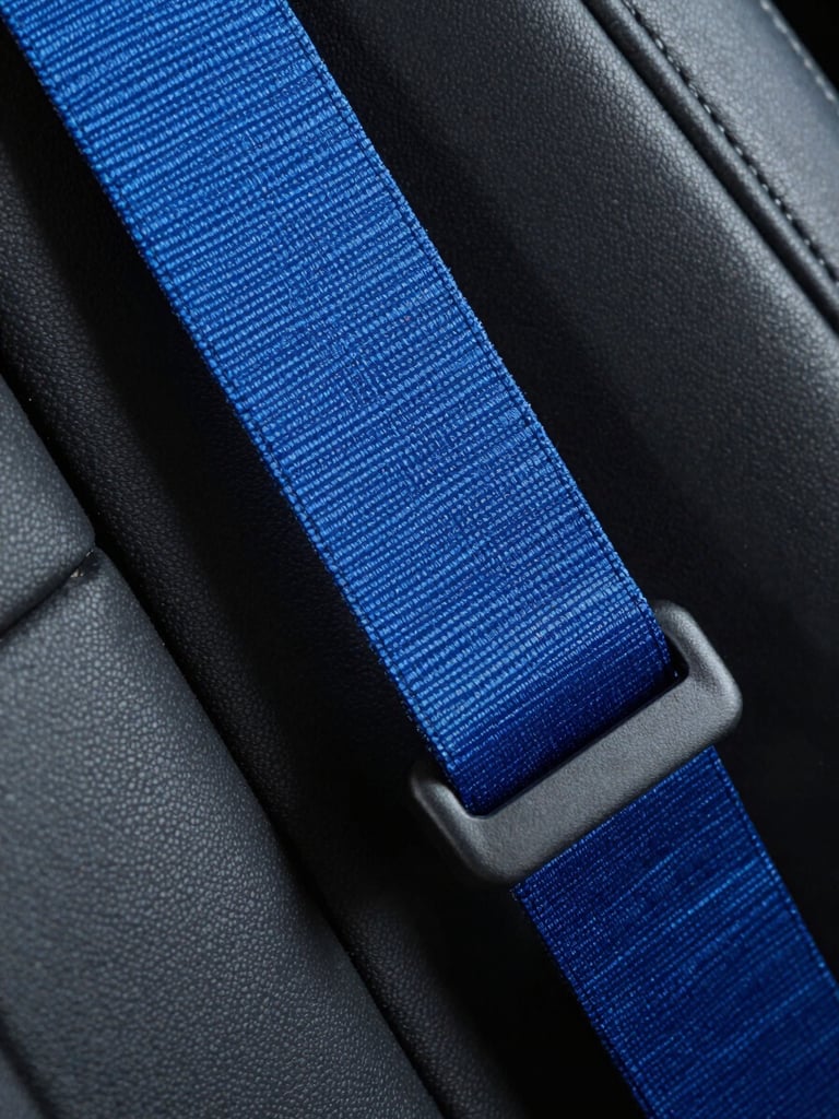 Macro close-up of a vibrant electric blue seatbelt fabric running through a clean black leather seat guide, sharp studio lighting, technical focus on the weave.