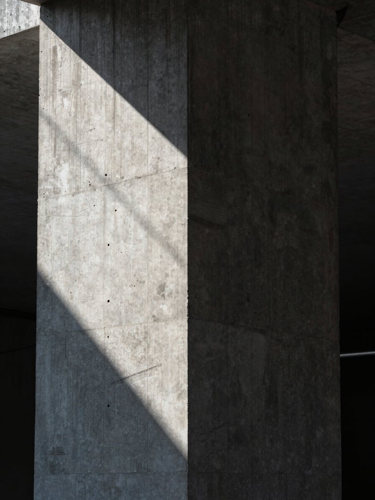 A close-up portrait of a brutalist concrete pillar with sharp geometric shadows and cool ambient light, suggesting hidden structural integrity.