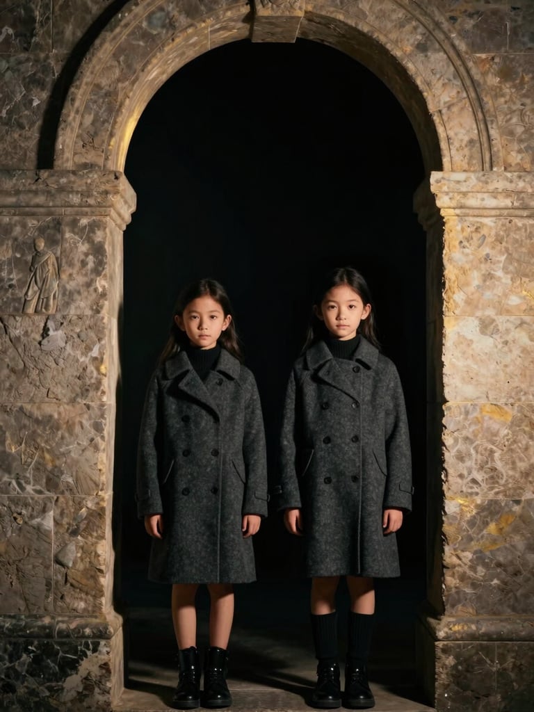 Moody editorial portrait of two children in matching structured charcoal wool coats, standing in an elegant stone archway with dramatic side lighting and deep shadows