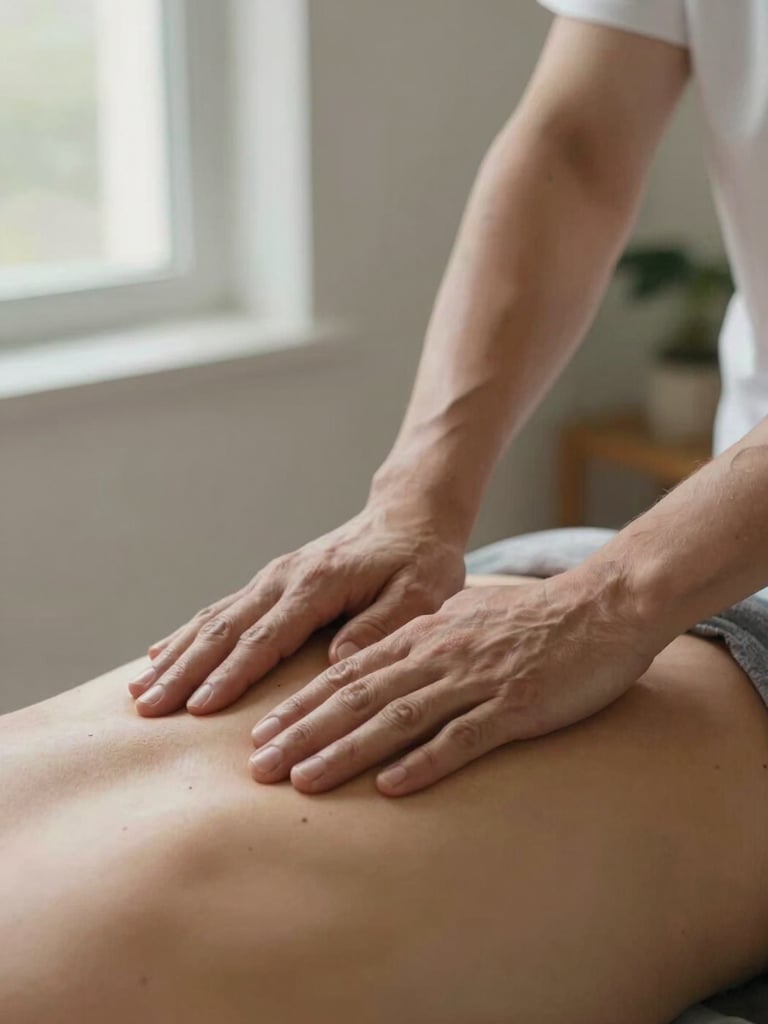 Close-up of an osteopath's hands performing gentle palpation on a patient's upper back, soft north-facing window light from the left, muted warm tones, clinical calm