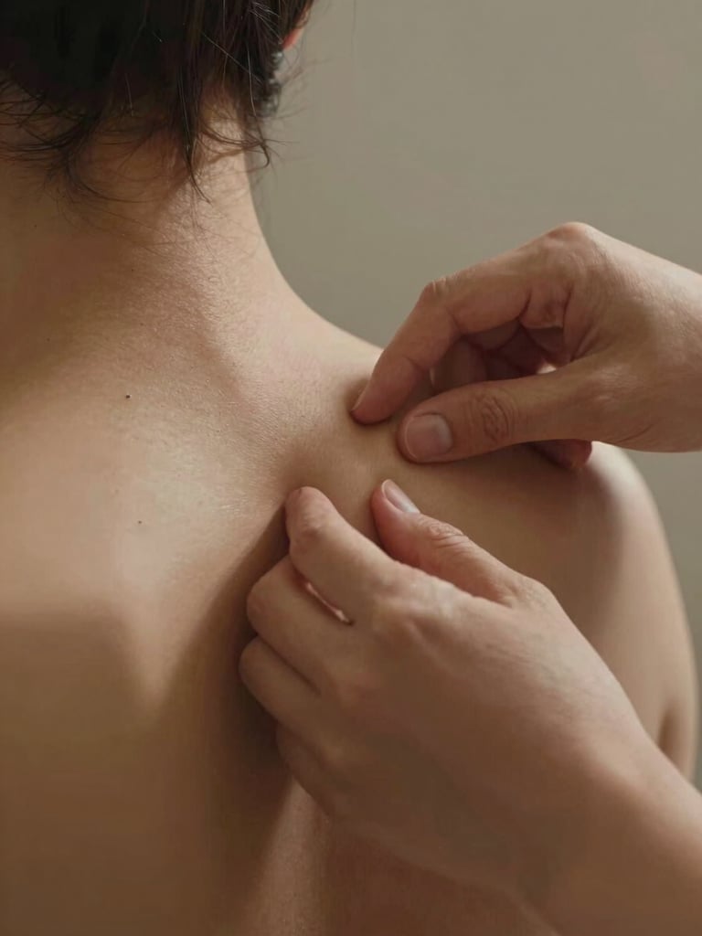 Tight close-up of osteopath hands applying precise manual mobilization to a patient's cervical spine, fingers positioned with clinical intention, soft warm tungsten light from the side casting subtle shadows on skin texture, muted earth-tone background, no faces visible