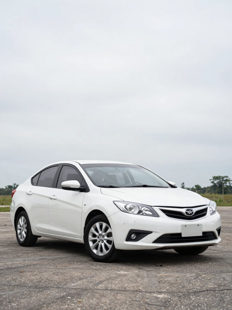 Wide three-quarter exterior shot of a clean used sedan parked on an open lot in Chiriquí, bright overcast daylight, sharp detail on hood and front wheel, neutral background with slight sky