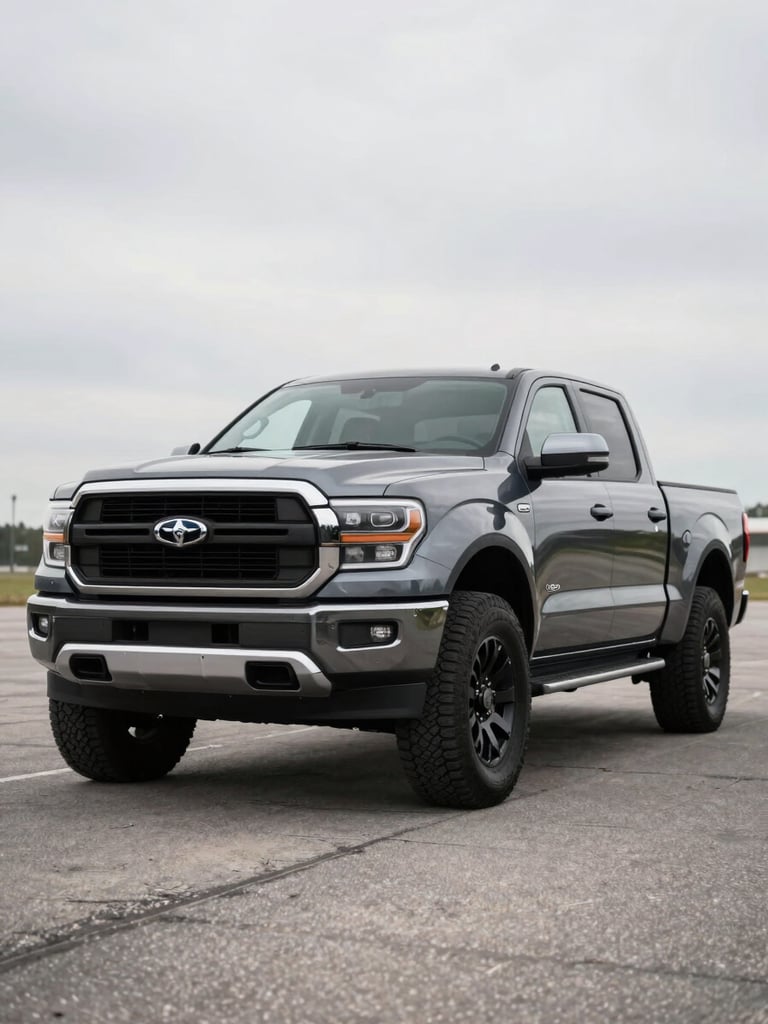 Wide three-quarter front shot of a pickup truck parked on a clean paved surface in bright overcast daylight, sharp detail on grille and front wheel arch, open lot background