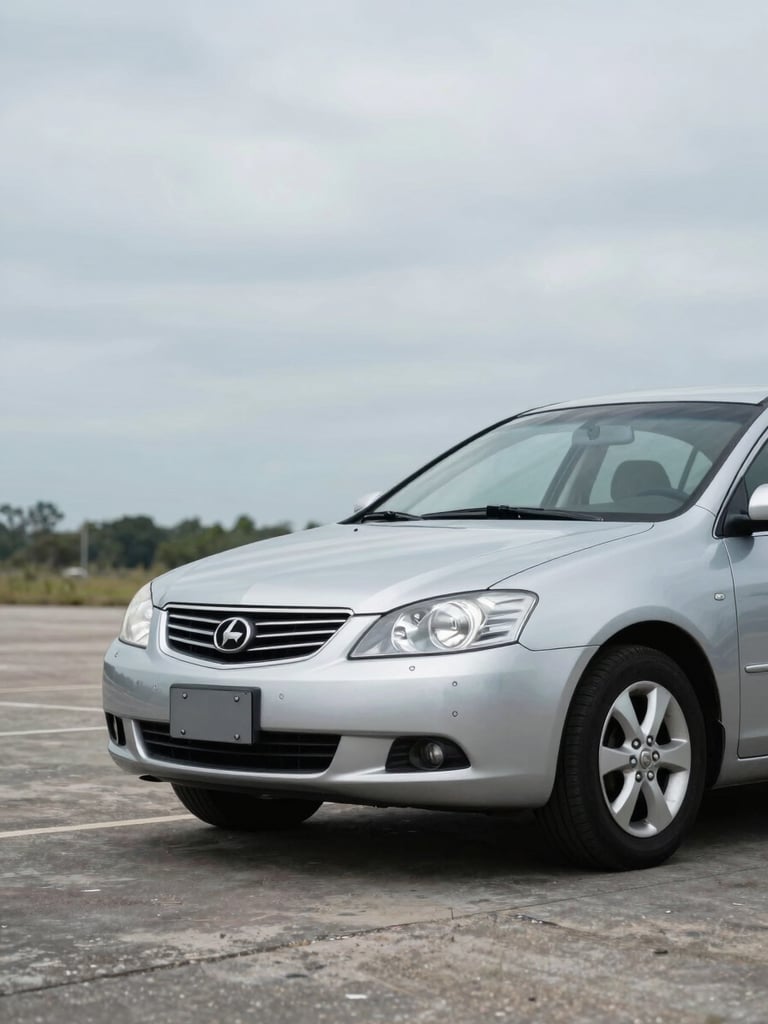 Clean three-quarter front view of a silver sedan parked in an open concrete lot in David, Panama, bright overcast daylight, low horizon, car occupies right two-thirds of frame, generous open sky above