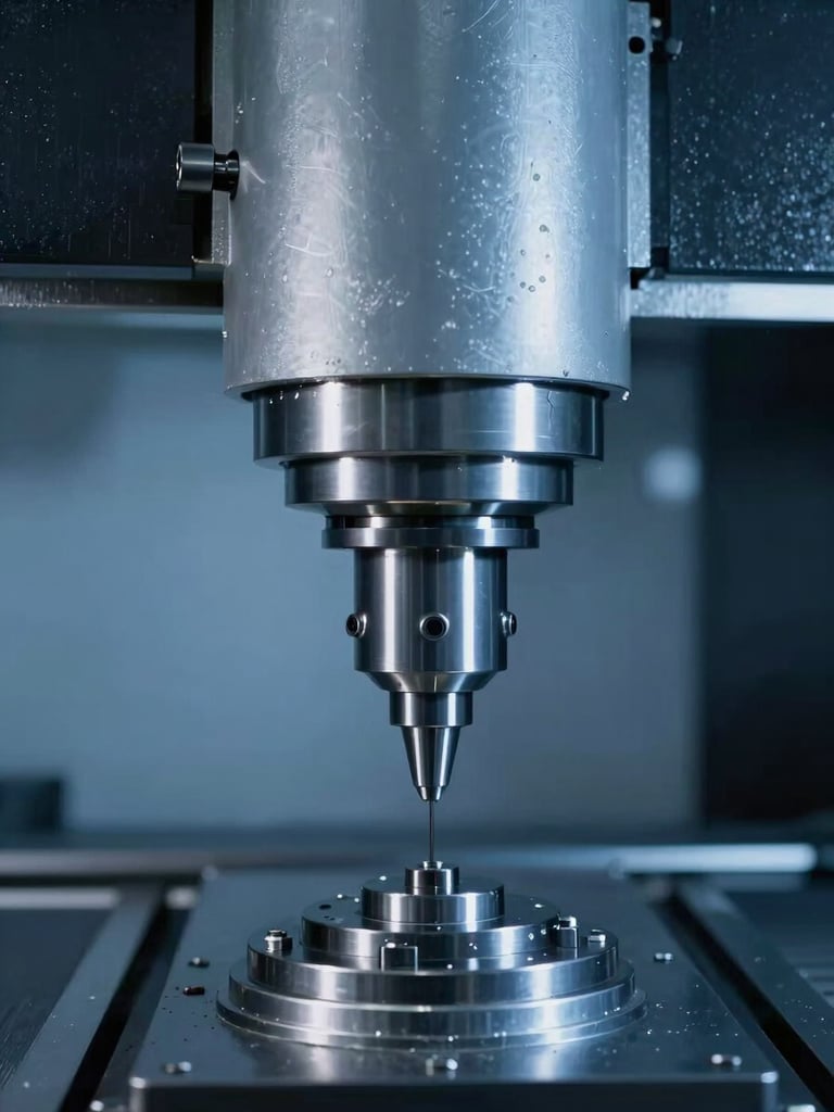 CNC milling machine in action, cool blue and metallic tones, crisp studio lighting, high contrast.