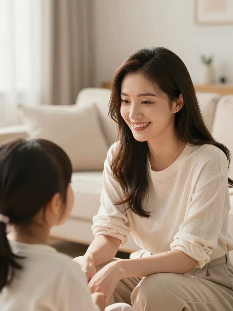 A smiling female stylist in her 30s sitting at eye-level with a relaxed child in a sunlit living room, soft warm lighting, pastel background, shallow depth of field, 35mm