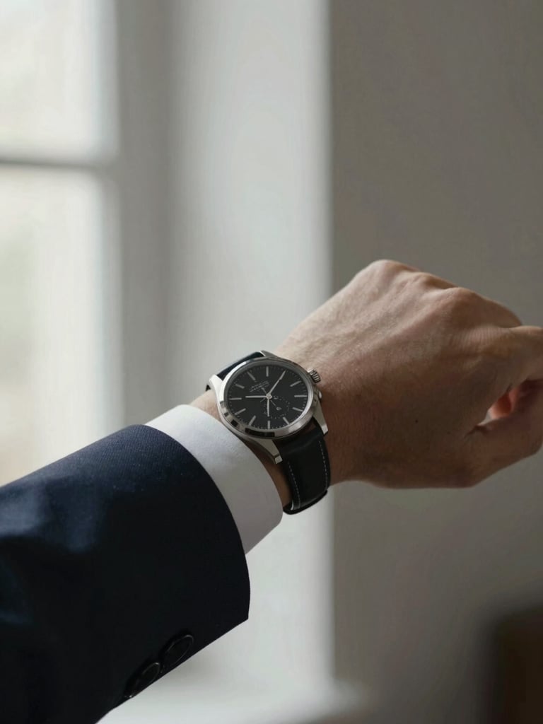 Close-up of a tailored suit cuff and a luxury watch, soft natural light from a high window, minimalist neutral background, editorial style