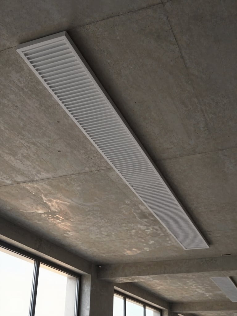 Sleek, minimal linear slot diffuser integrated into a raw concrete ceiling, casting subtle cool air refraction, warm sunlight through high windows.