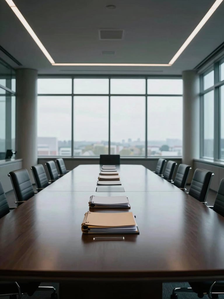 Wide environmental shot of a large empty conference table in a high-ceilinged boardroom, cool north-facing daylight through floor-to-ceiling windows, stacked document folders aligned precisely at the near end, no people present, architectural columns visible at the room perimeter