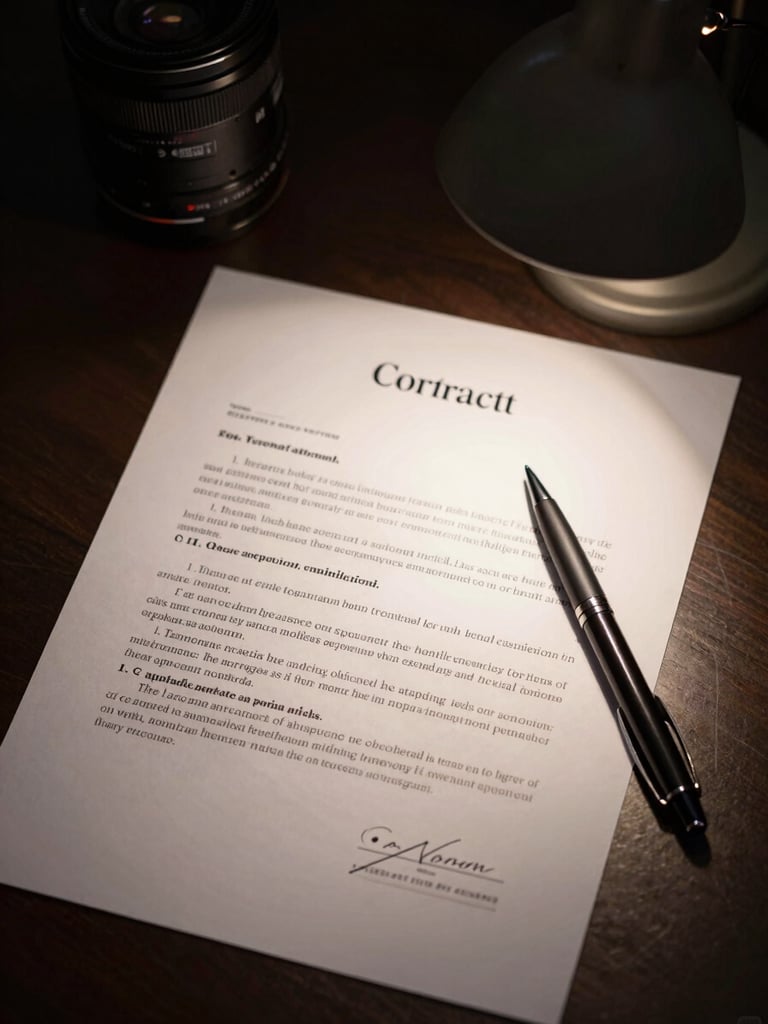 Close-up overhead shot of a legal contract page on a dark desk, notary stamp impression visible in the lower corner, tungsten desk lamp casting a sharp cone of light on the document, deep shadow surrounding the lit area, single pen resting diagonally across the page