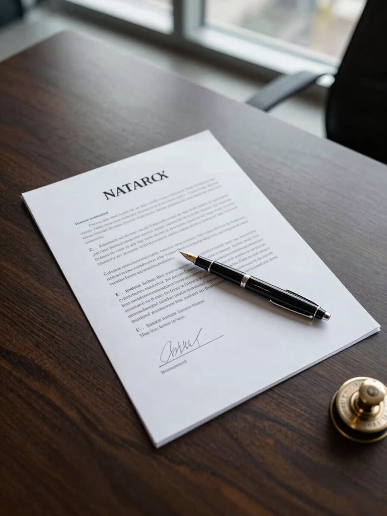Wide overhead shot of a notarized contract on a dark walnut desk, a fountain pen resting across the signature line, a notary seal visible in the lower right corner, north-facing daylight from a tall office window casting even cool light, no shadows on the document text