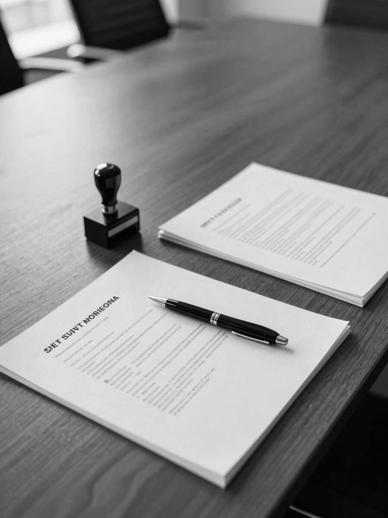 Wide overhead shot of a conference table surface with open contract pages, a notary stamp, and a single pen resting on a clause, north-facing office daylight from the left, monochrome tone, document detail sharp