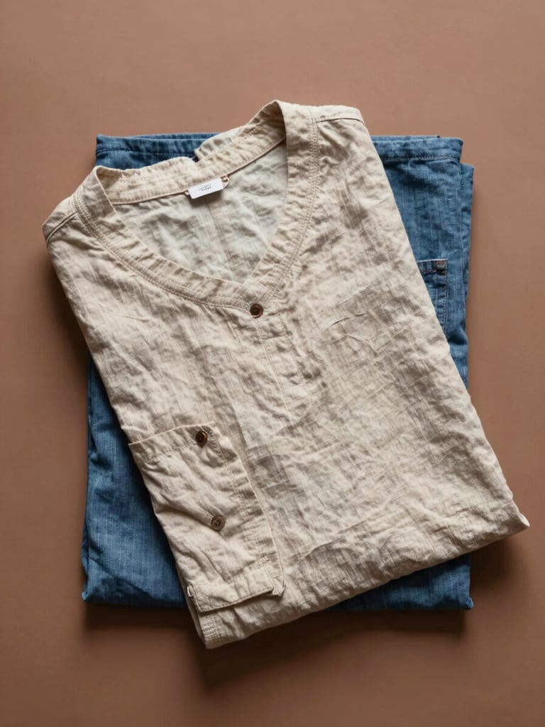 Overhead flatlay on a plain clay-toned surface: a single folded garment in undyed natural linen, seam lines visible, one edge of indigo fabric beneath it, soft overcast daylight from above, no shadows, no props