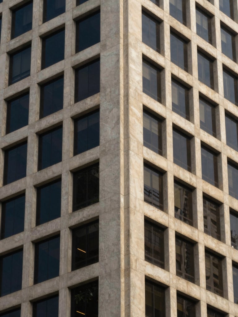 Elegant close-up of modern architectural lines of a financial district building in Brazil, soft daylight reflecting on glass and concrete, clean minimalist composition