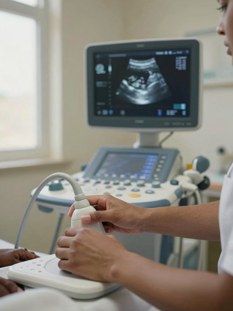 Close-up documentary shot of a midwife's hands adjusting an ultrasound probe on a patient in a South Sudanese clinic, the ultrasound monitor screen visible in background showing a fetal image, natural daylight from a side window, clinical focus, no sentimentality