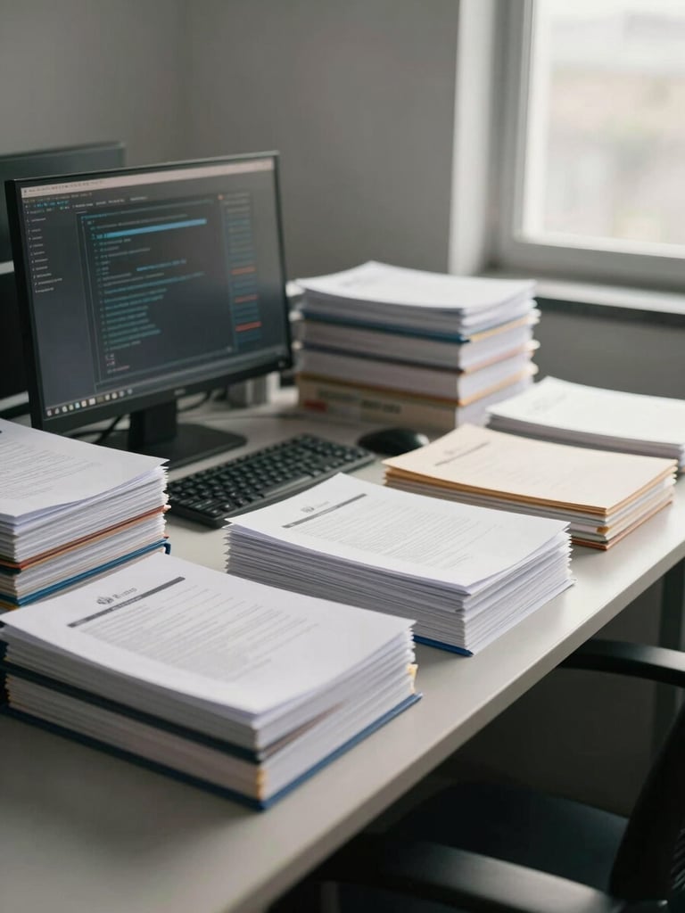 Wide panoramic view of an organized office desk from the side, legal folders stacked neatly, a computer screen showing a secure data interface, natural window light entering from the right, warm gray tones throughout