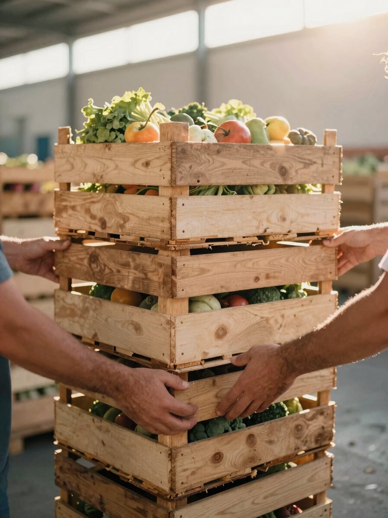 Close-up of diverse hands collaborating to stack wooden crates of fresh local produce in a bright, modern warehouse, warm golden sunlight, 35mm film look