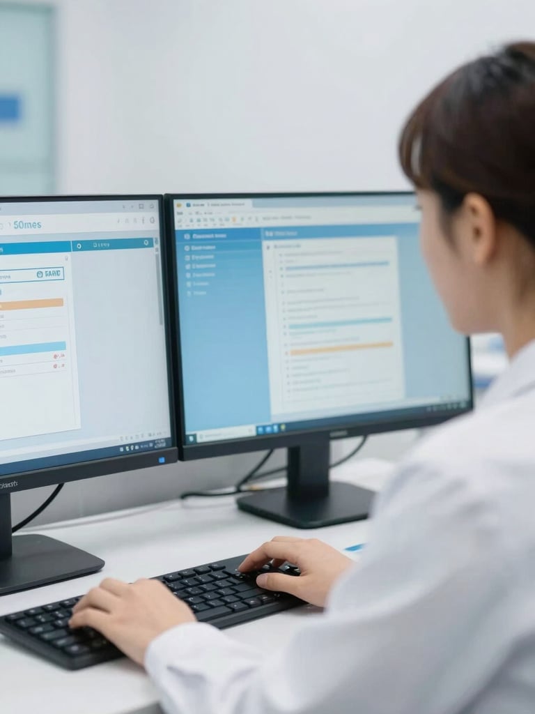 Close-up of a professional medical administrator working on dual monitors in a bright, clean clinical environment, neutral daylight, clinical blue tones, sharp focus, 35mm