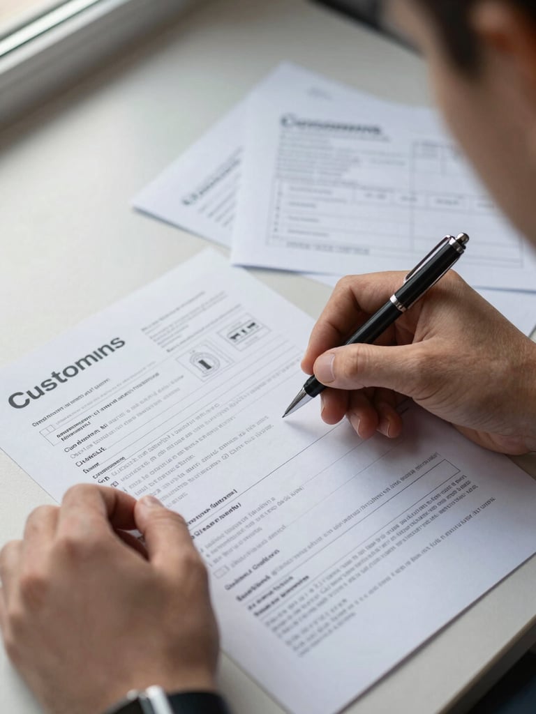 Close-up overhead of hands reviewing customs documentation on a desk—stamps, printed manifests, and a pen in frame, natural window light from the left, paper textures sharp