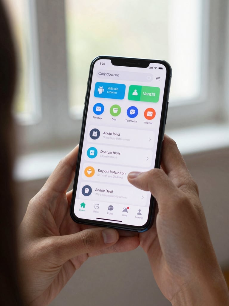 Close-up over-the-shoulder view of hands holding an Android phone, a clean productivity app UI visible on screen, soft window daylight, shallow depth of field on the device