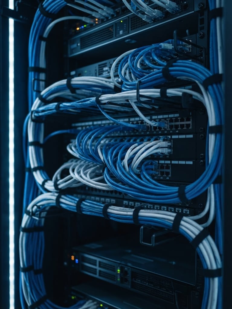 Macro close-up of server racks with clean, organized blue and white ethernet cabling under cool low-key studio lighting, shallow depth of field.