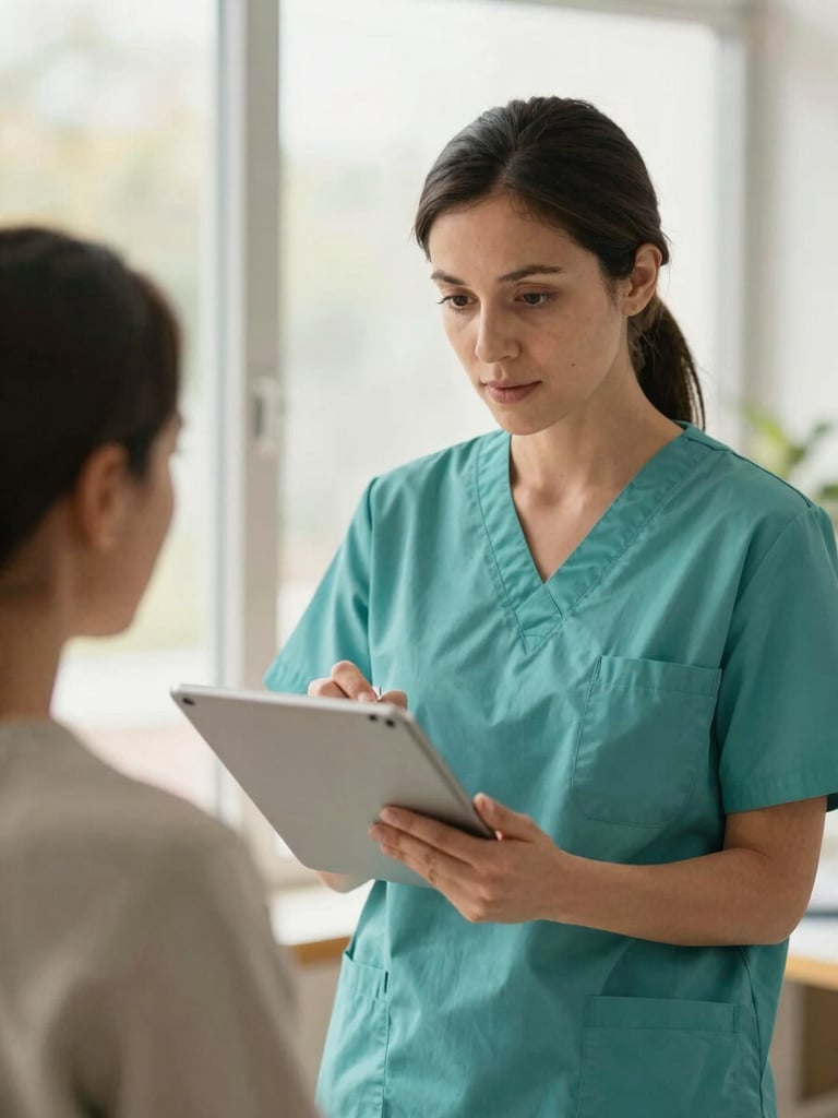 Medical professional (female, 40s, diverse, wearing scrubs) reviewing a patient chart on a tablet, soft natural window light, clinical yet warm setting, shallow depth of field, authentic expression of focus and care.